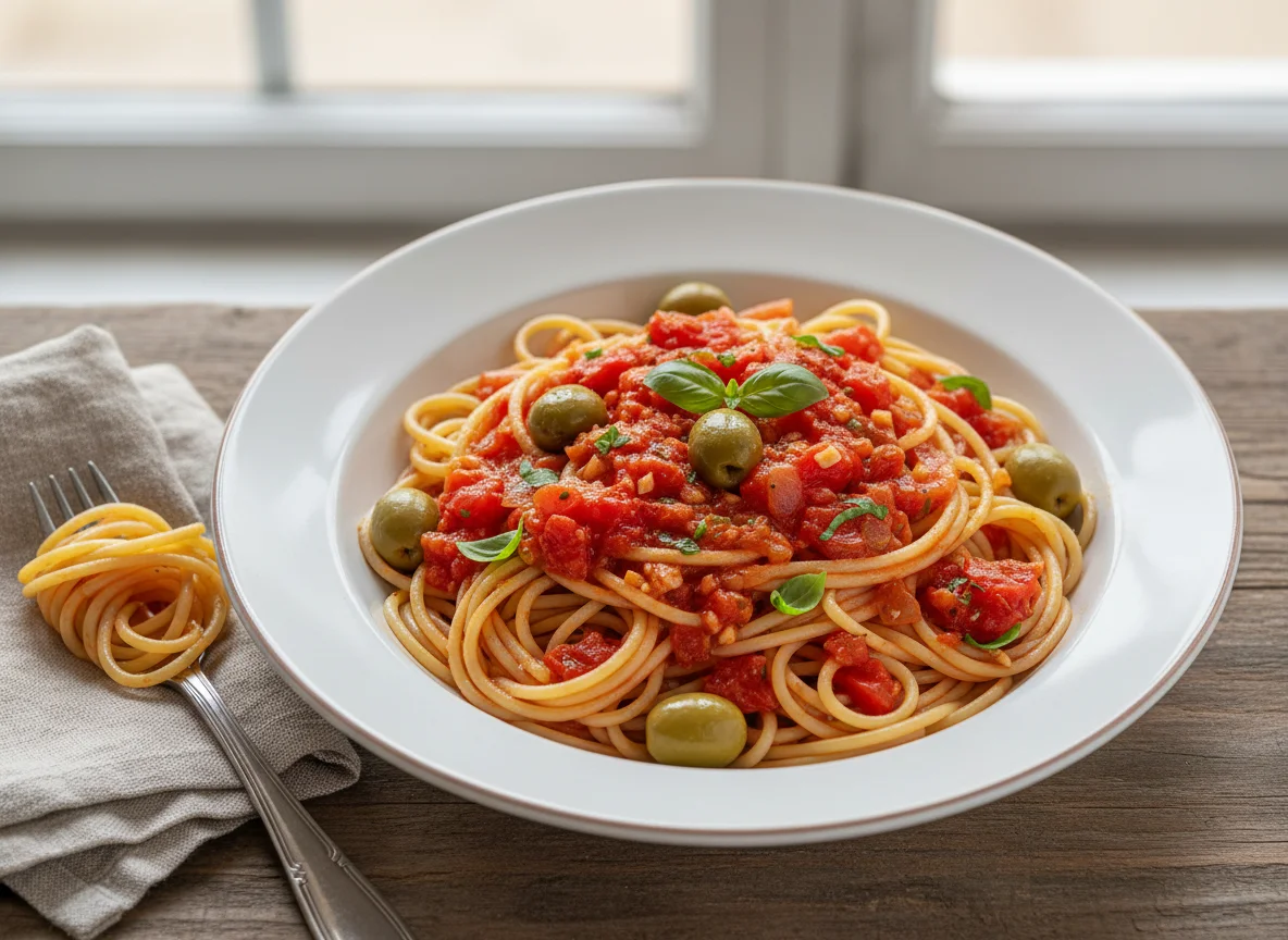 Spaghetti mit Tomaten-Oliven-Sauce photo