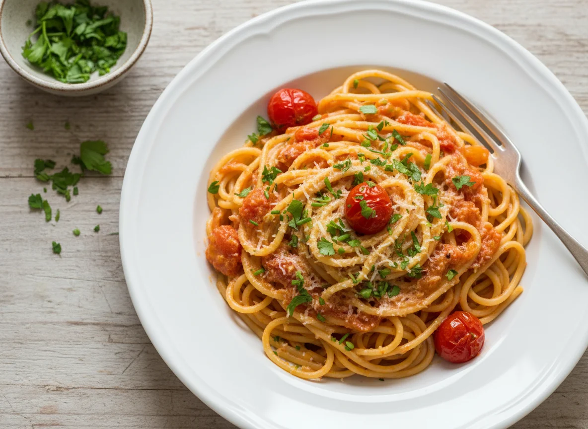 Spaghetti mit Tomaten-Sahne-Sauce photo