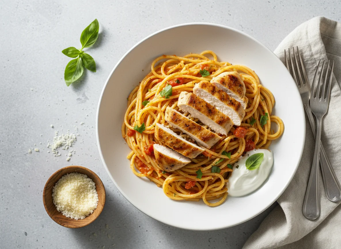 Spaghetti mit Tomaten-Sahne-Sauce und Hähnchen photo