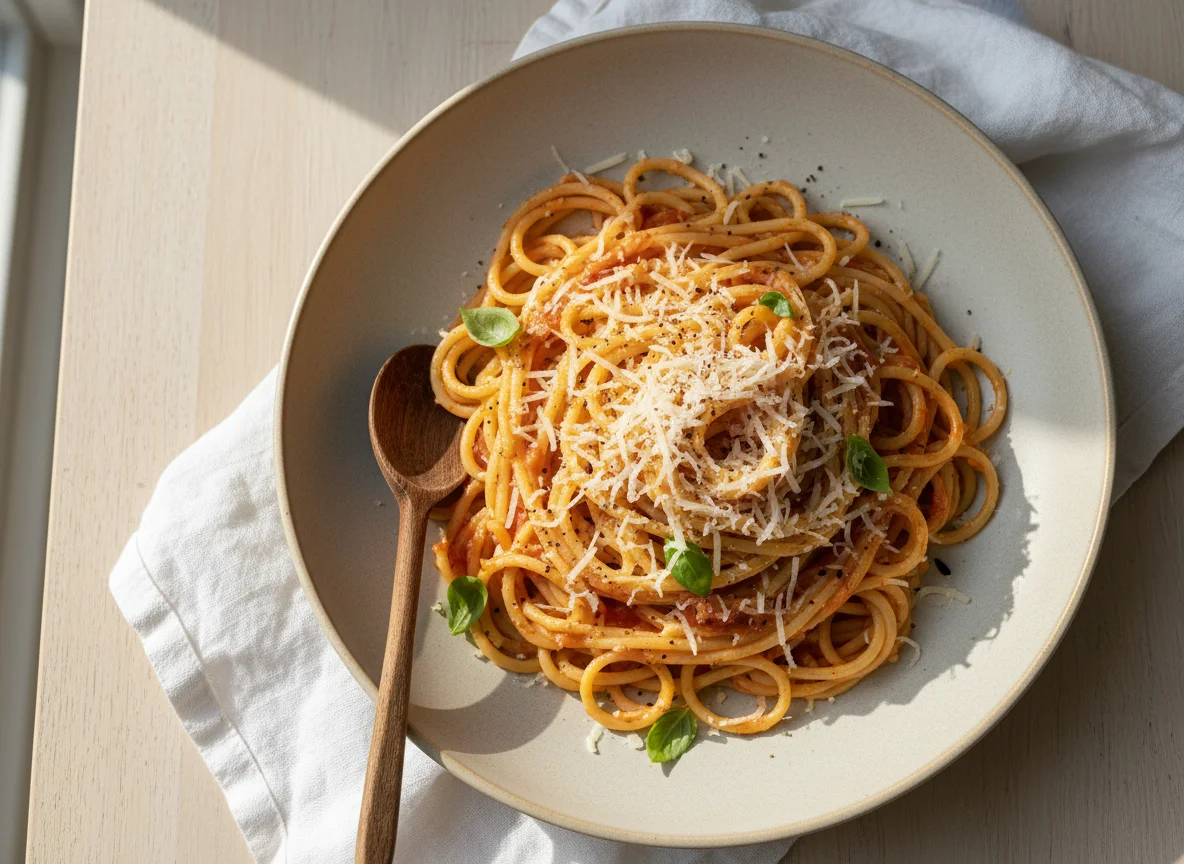 Spaghetti mit Tomaten-Sahne-Sauce und Käse photo