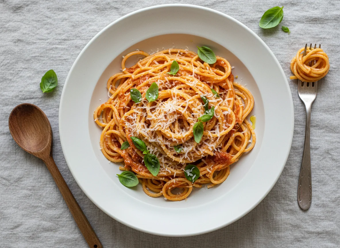 Spaghetti mit Tomaten-Sahne-Sauce und Parmesan photo
