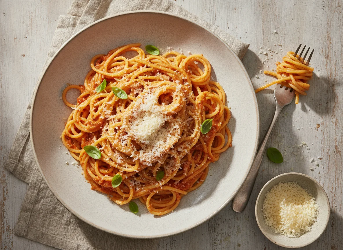 Spaghetti mit Tomaten-Sahnesauce und Parmesan photo