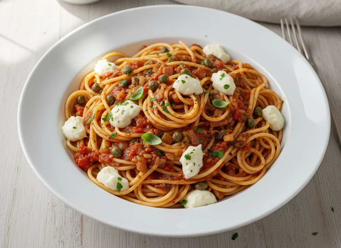 Spaghetti mit Tomatensauce, Kapern, Zwiebeln und Mozzarella photo