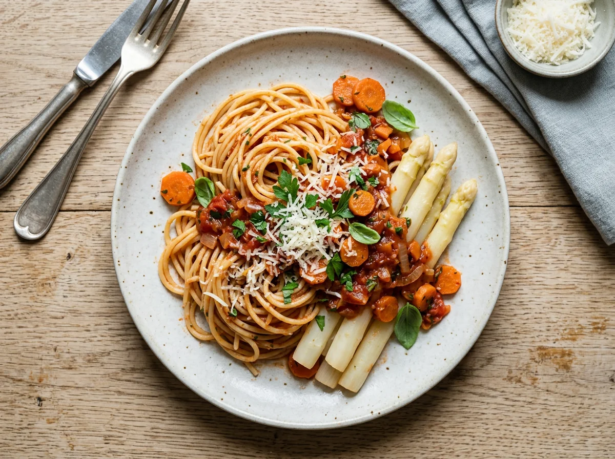 Spaghetti mit Tomatensauce, Käse, Karotten und Spargel photo