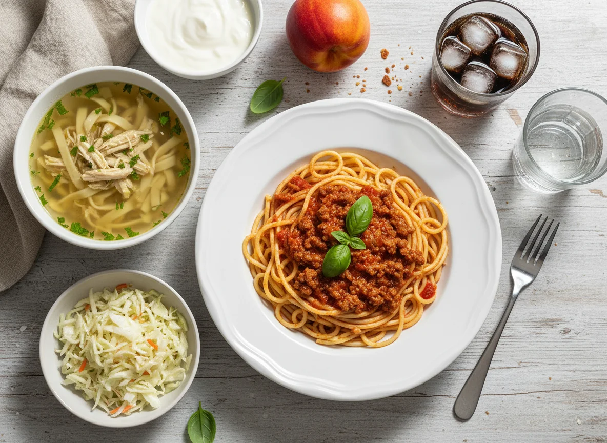 Spaghetti mit Tomatensauce, Suppe, Krautsalat und Getränken photo