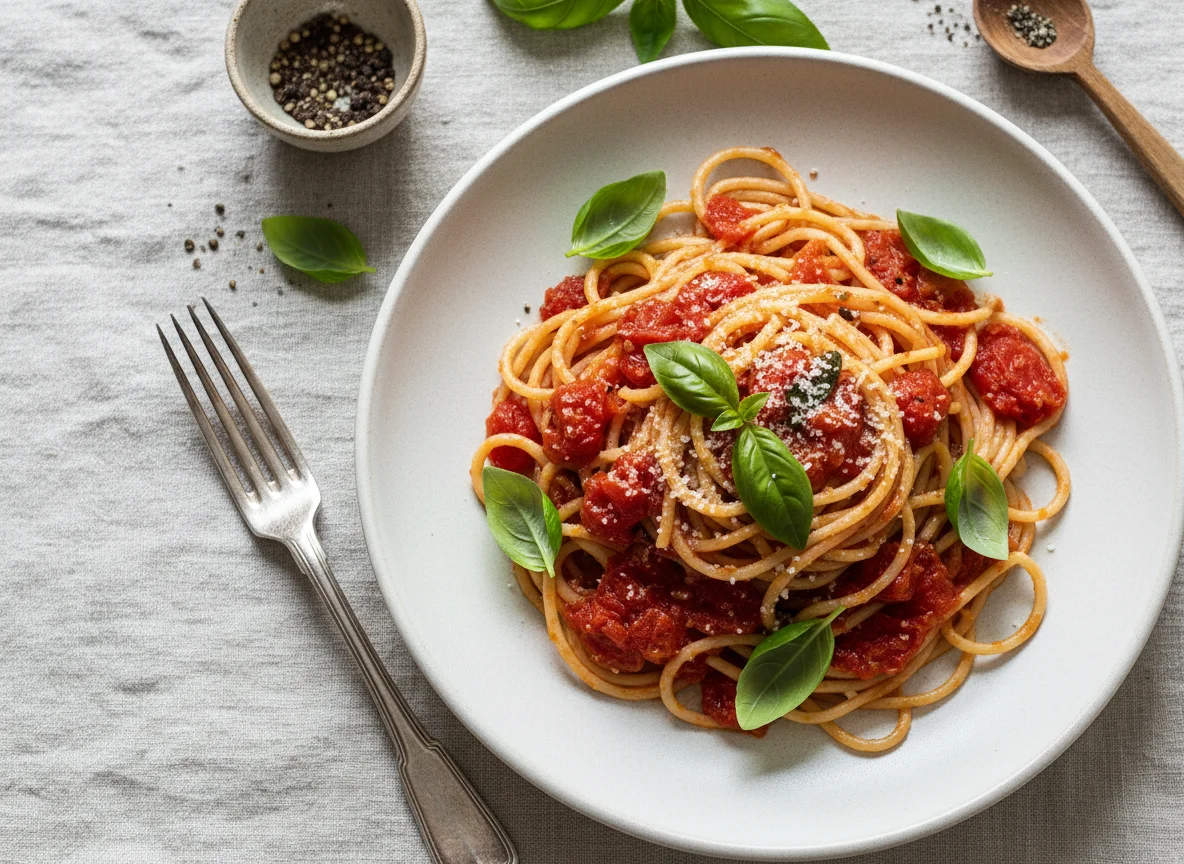 Spaghetti mit Tomatensauce und Basilikum photo