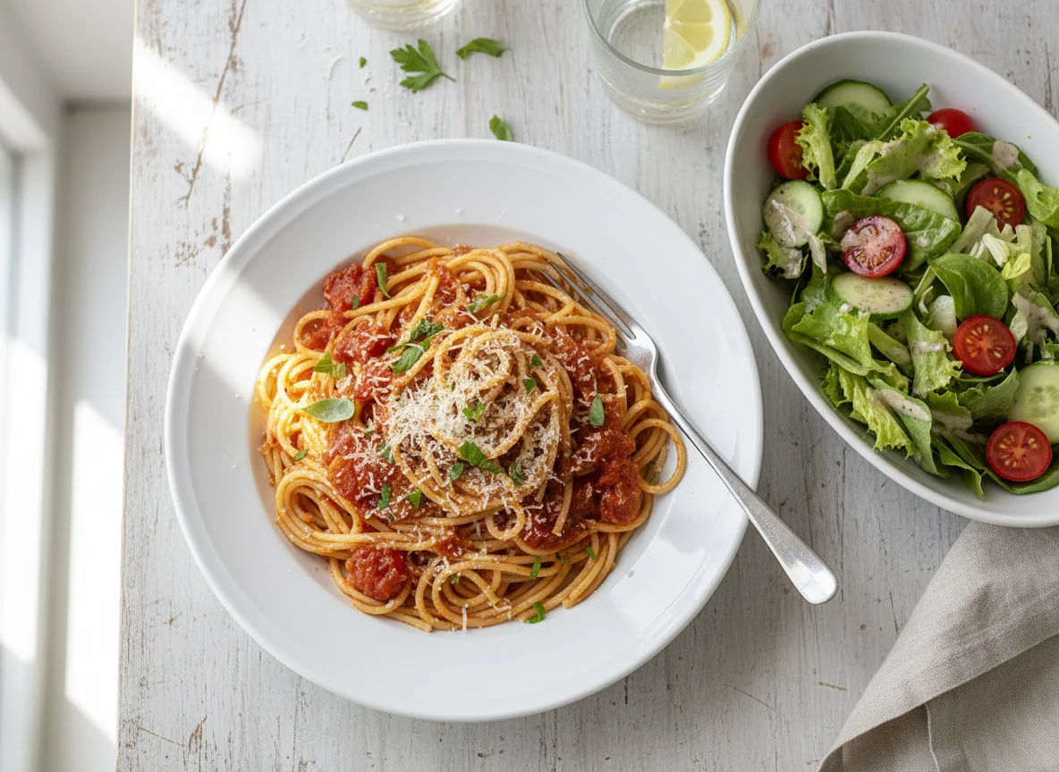 Spaghetti mit Tomatensauce und Beilagensalat photo