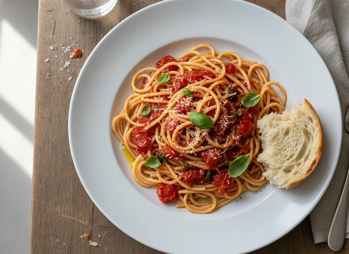Spaghetti mit Tomatensauce und Brot photo