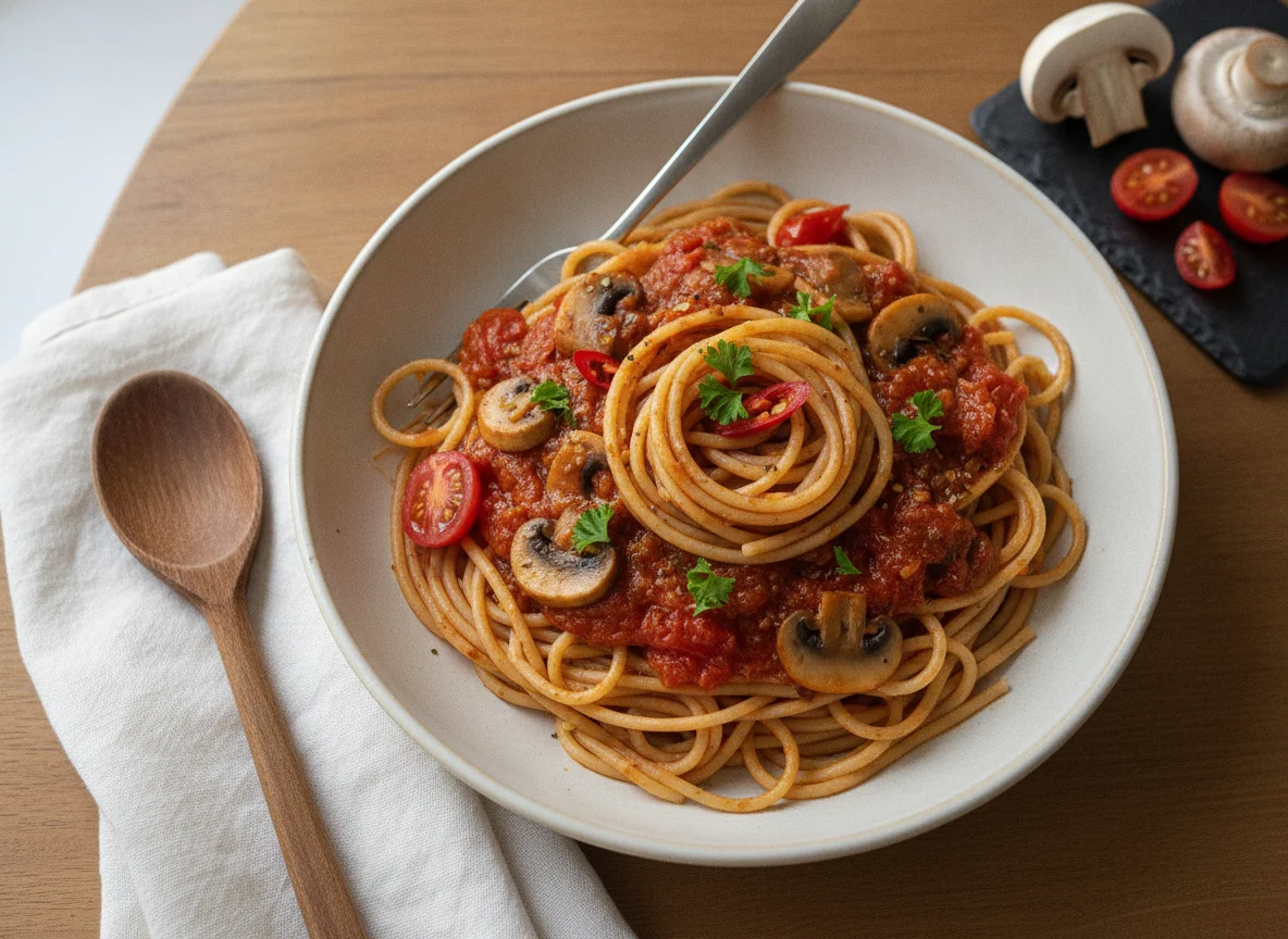Spaghetti mit Tomatensauce und Champignons photo