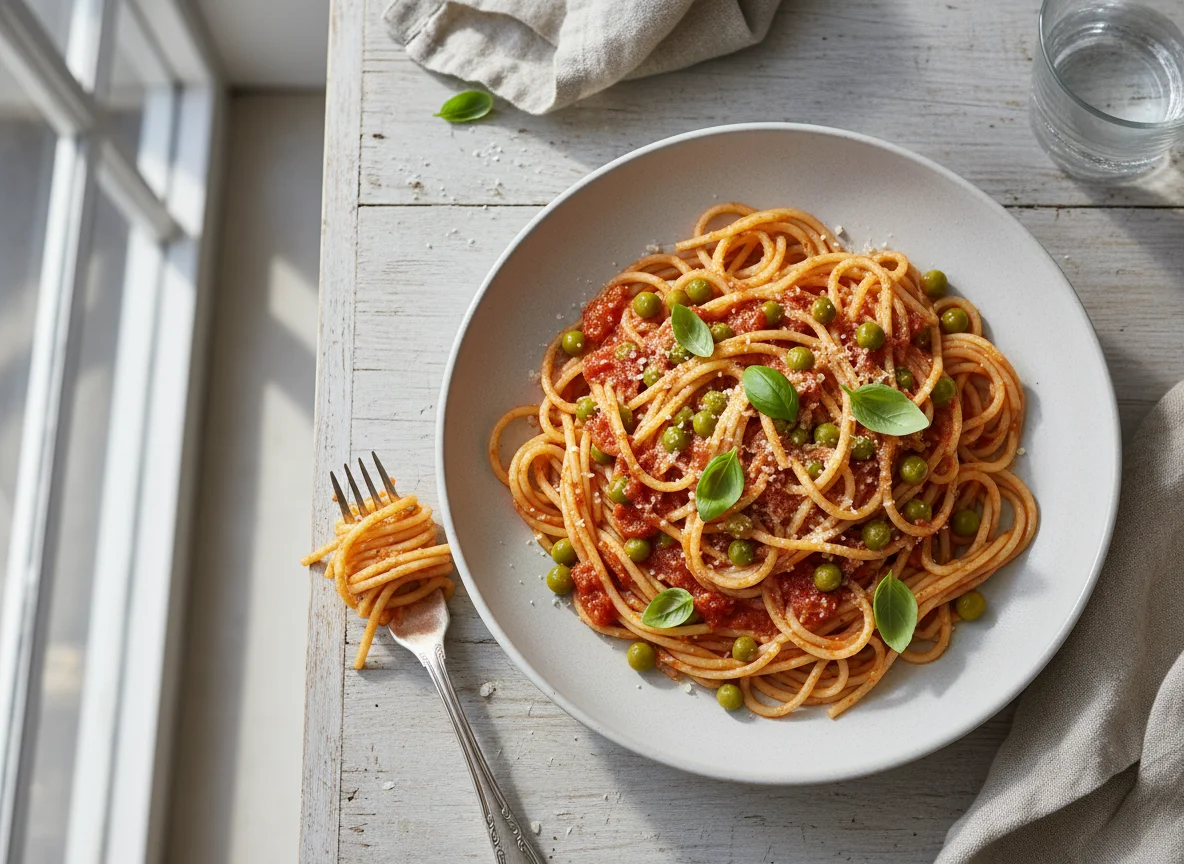 Spaghetti mit Tomatensauce und Erbsen photo