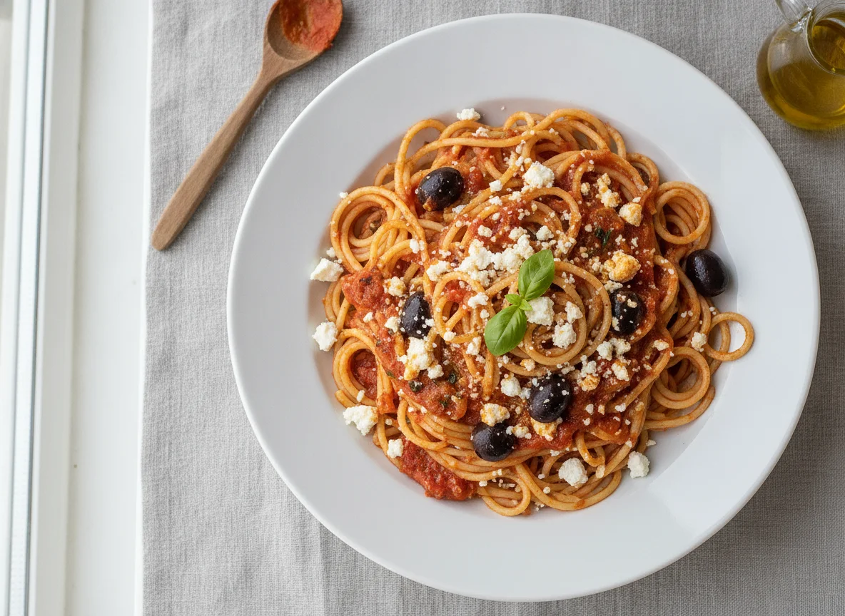 Spaghetti mit Tomatensauce und Feta photo