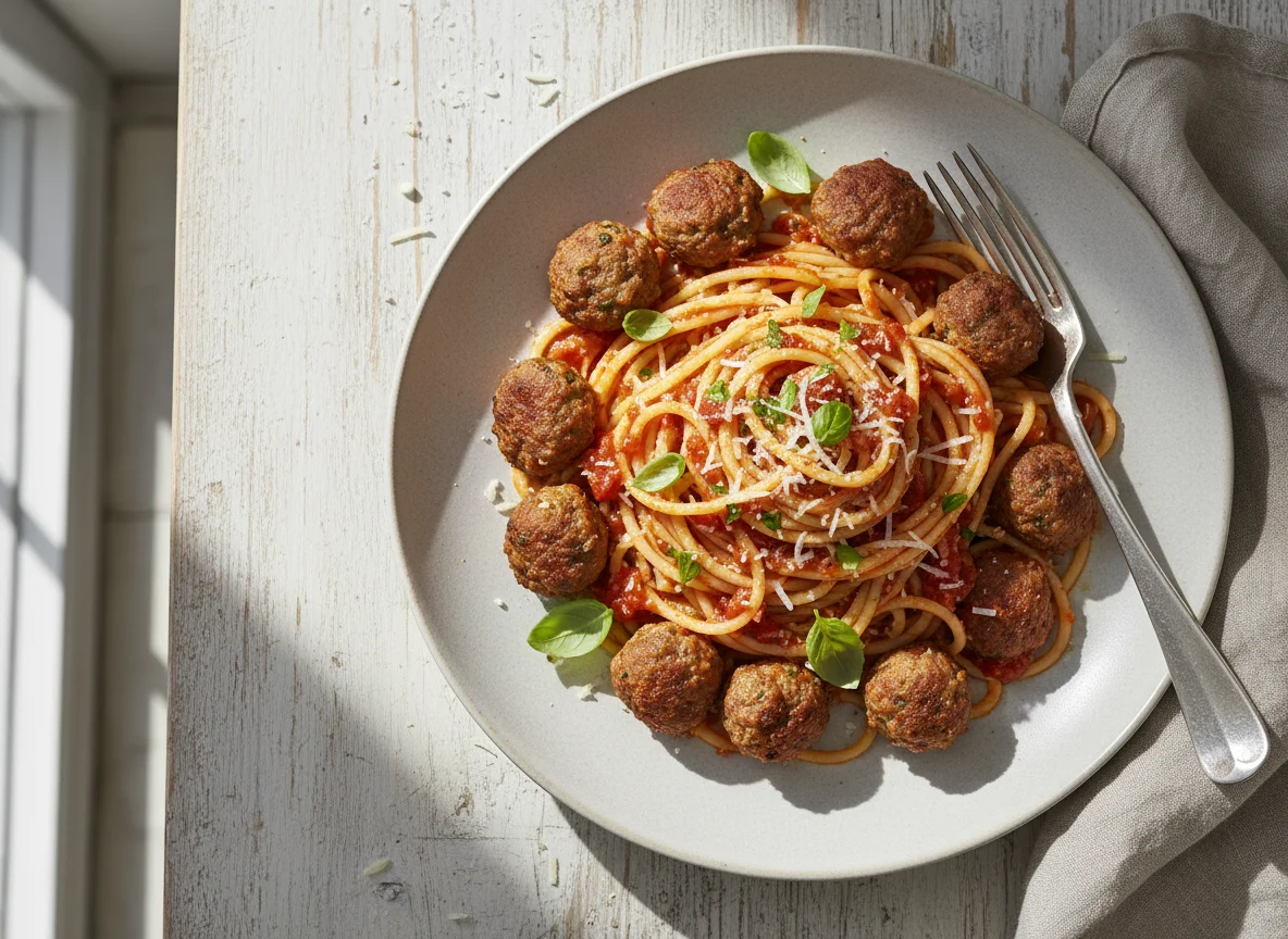 Spaghetti mit Tomatensauce und Fleischbällchen photo