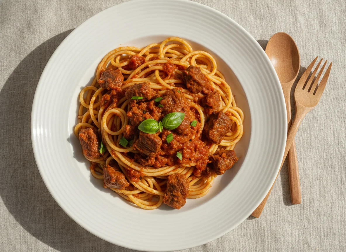 Spaghetti mit Tomatensauce und Fleischstücken photo