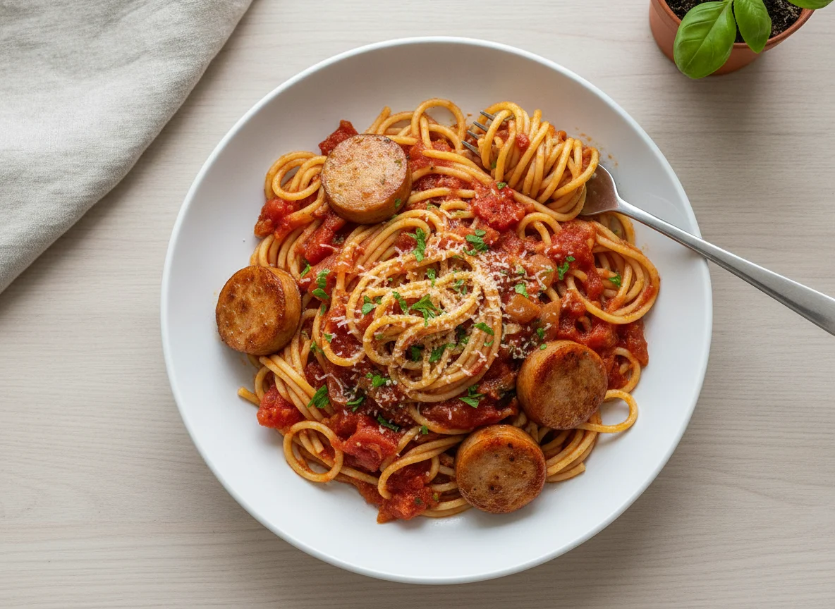 Spaghetti mit Tomatensauce und Fleischwurst photo