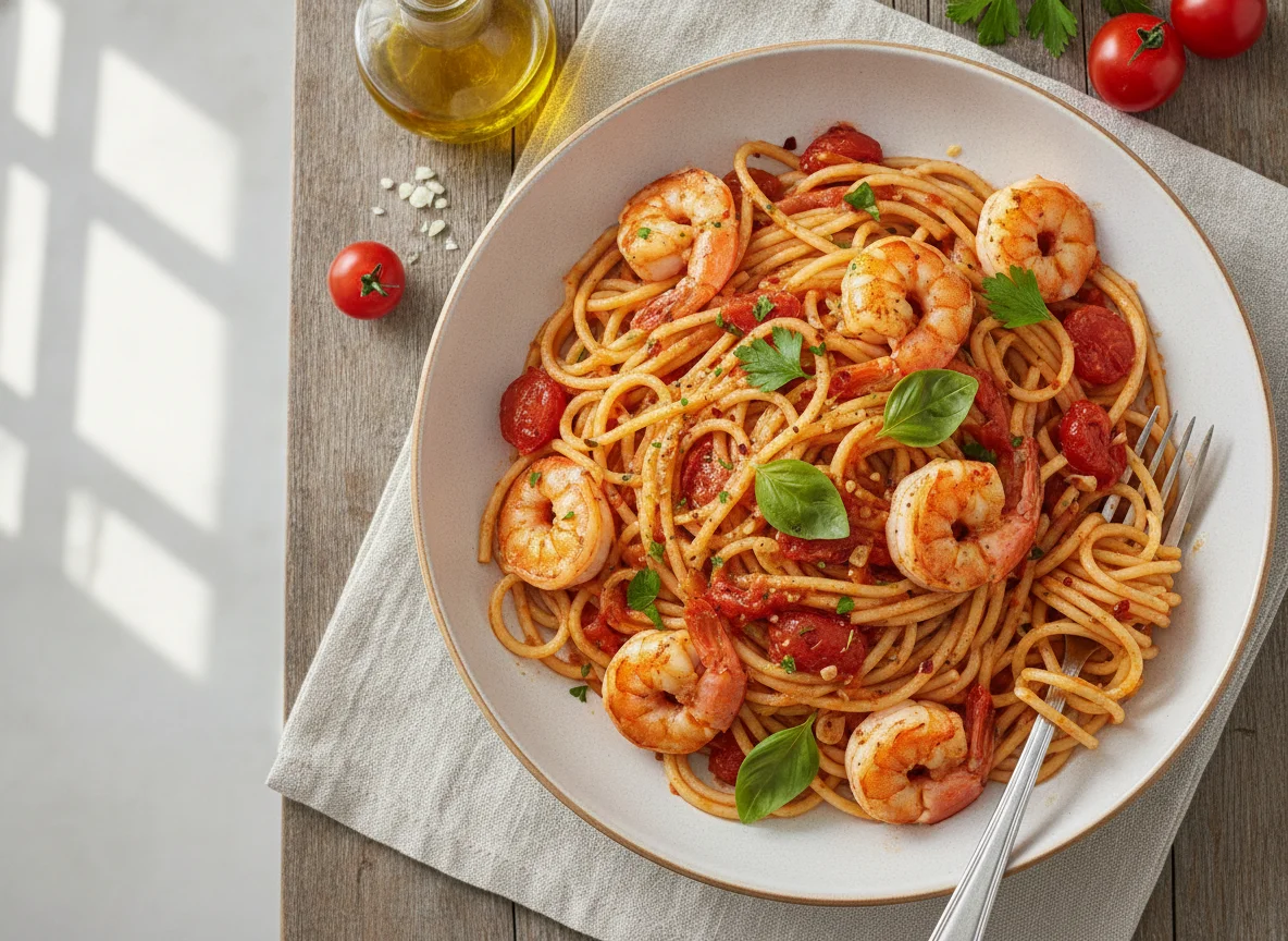 Spaghetti mit Tomatensauce und Garnelen photo