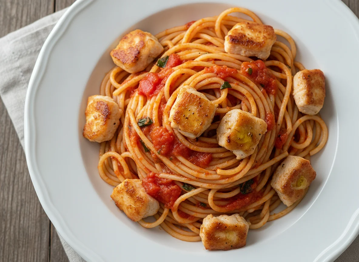 Spaghetti mit Tomatensauce und gebratenem Hähnchen photo