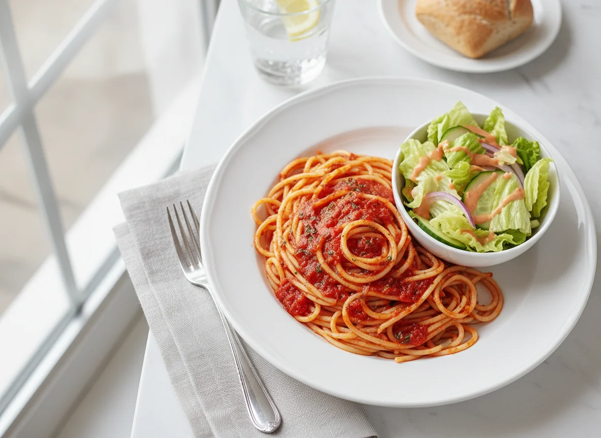 Spaghetti mit Tomatensauce und gemischtem Salat photo