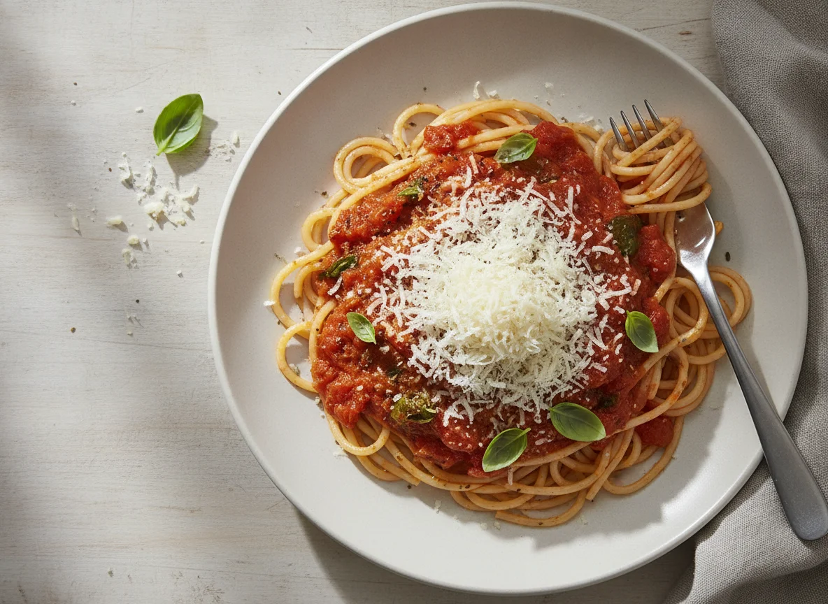 Spaghetti mit Tomatensauce und geriebenem Käse photo