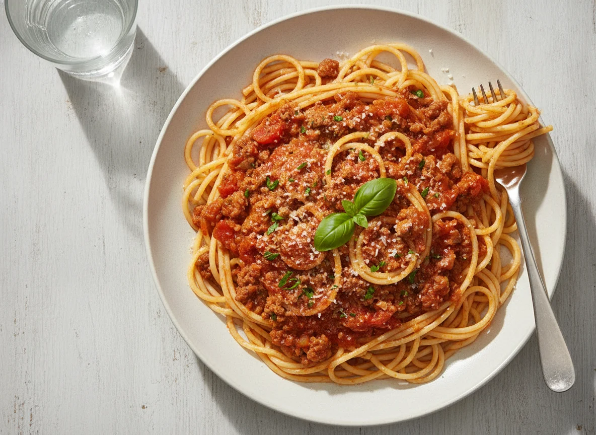 Spaghetti mit Tomatensauce und Hackfleisch photo