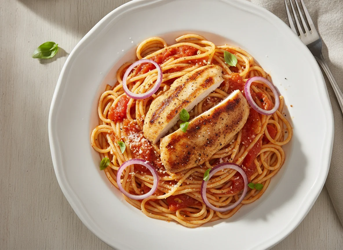 Spaghetti mit Tomatensauce und Hähnchen photo