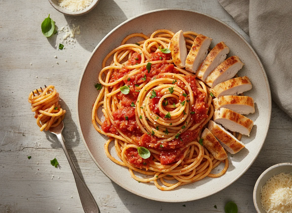 Spaghetti mit Tomatensauce und Hähnchenbrust photo