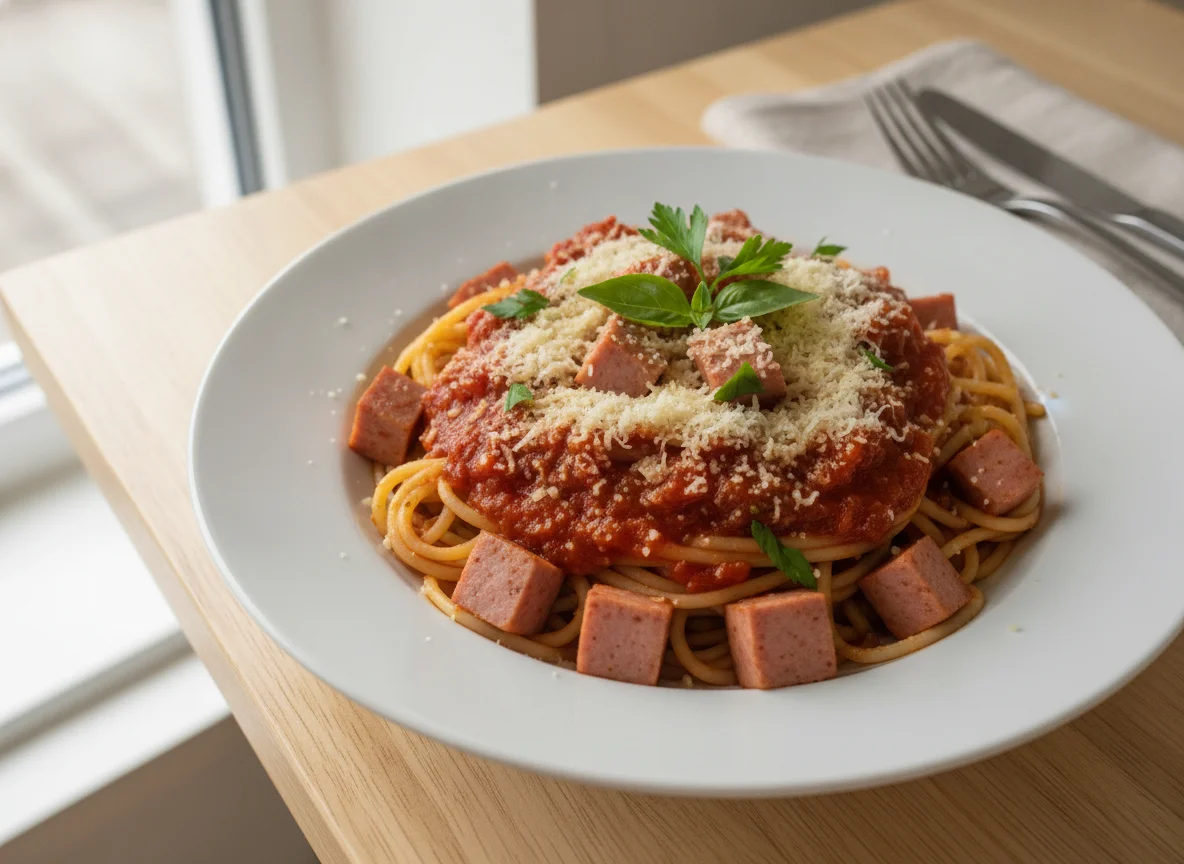 Spaghetti mit Tomatensauce und Jagdwurst photo
