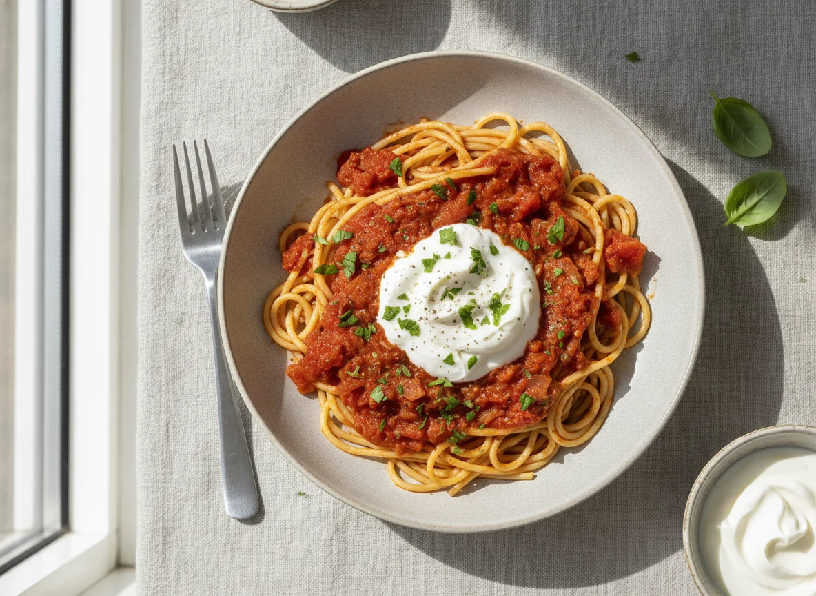 Spaghetti mit Tomatensauce und Joghurt photo