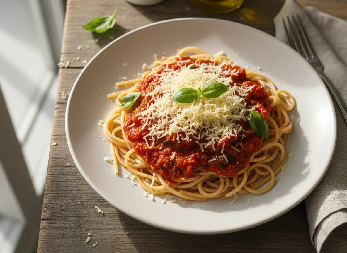 Spaghetti mit Tomatensauce und Käse photo