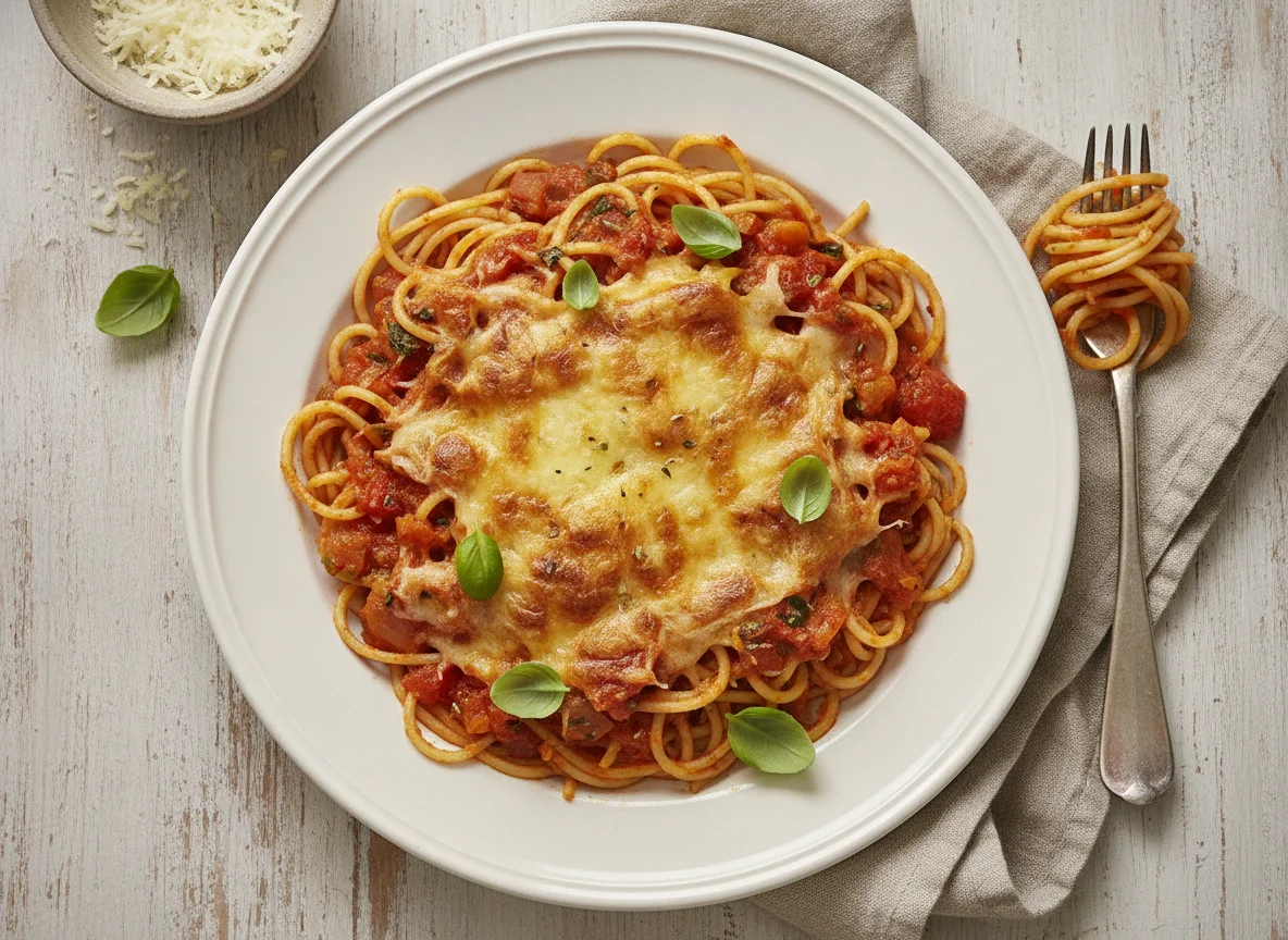 Spaghetti mit Tomatensauce und Käse überbacken photo