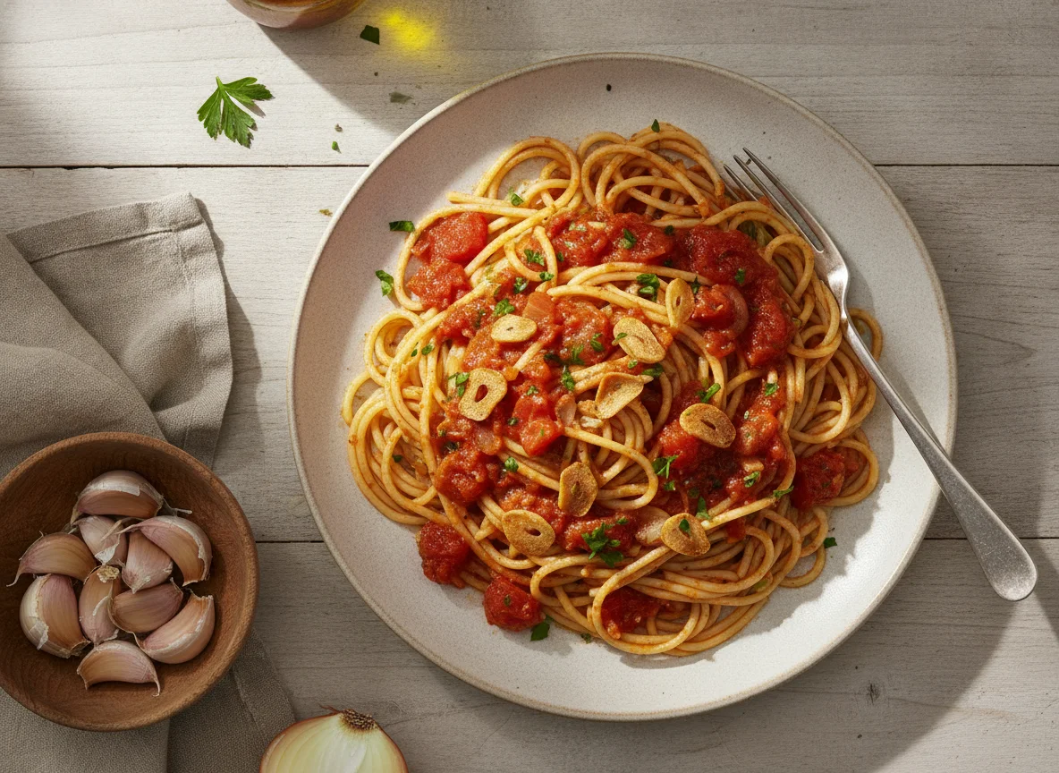 Spaghetti mit Tomatensauce und Knoblauch photo