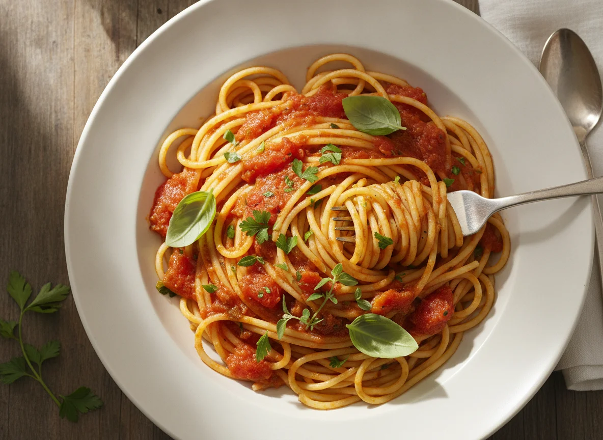 Spaghetti mit Tomatensauce und Kräutern photo