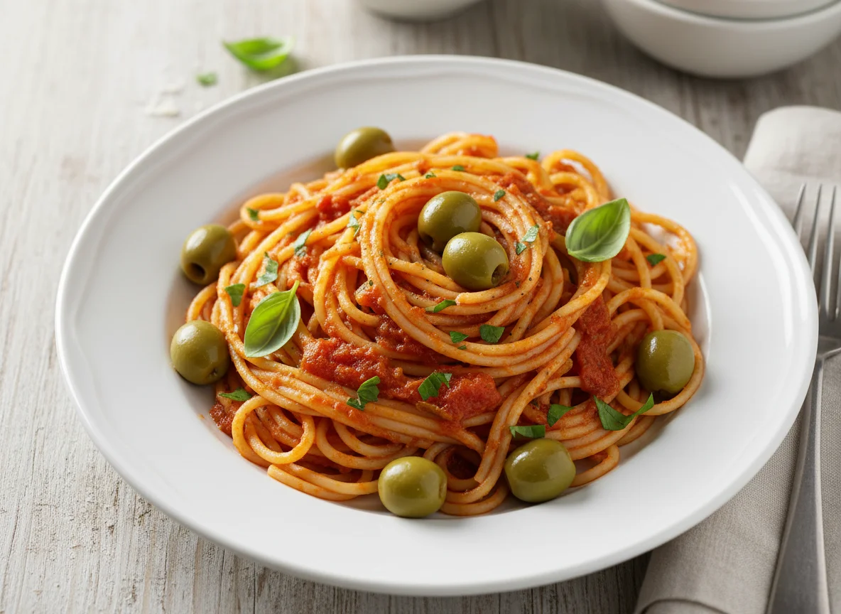 Spaghetti mit Tomatensauce und Oliven photo
