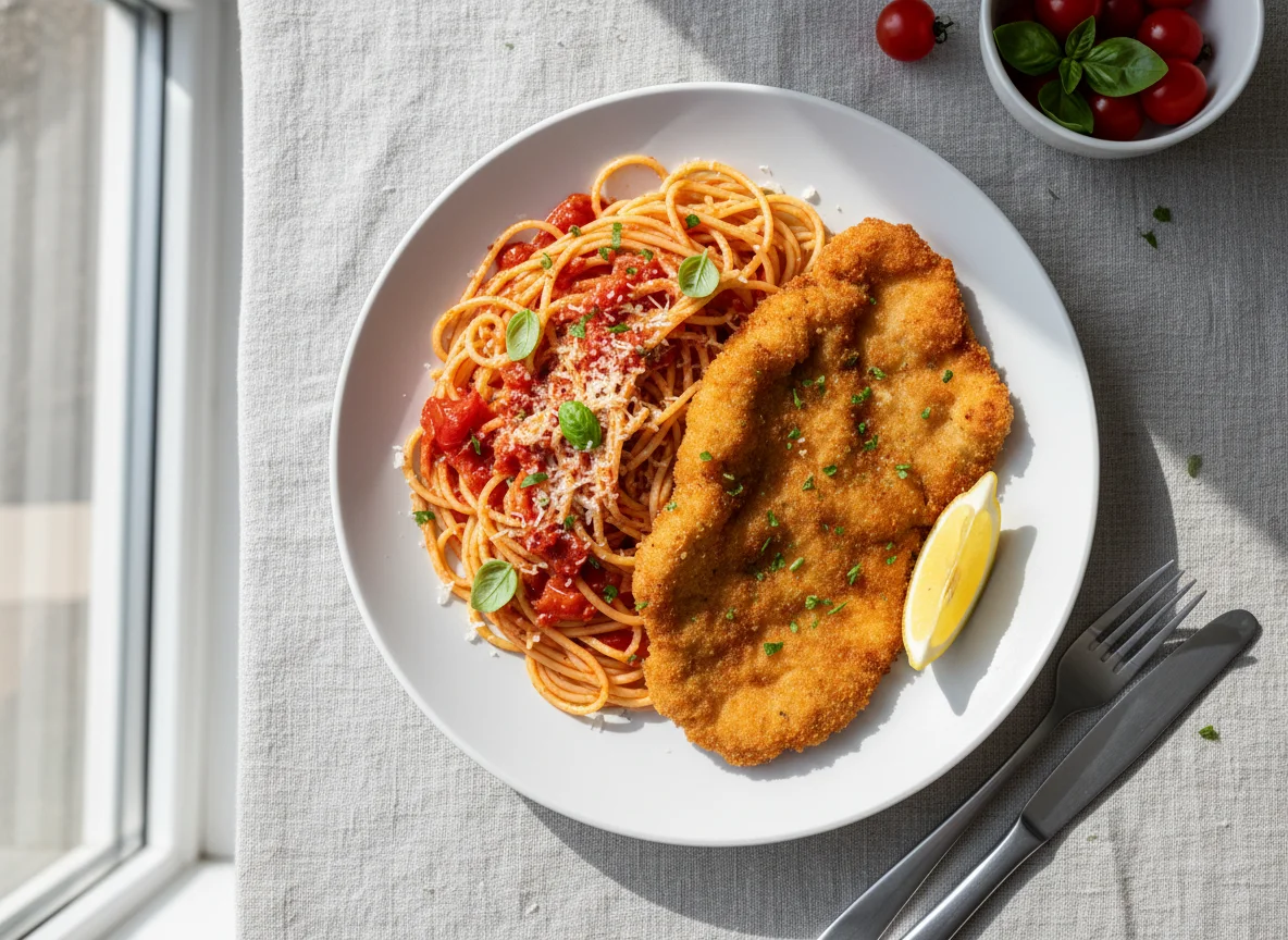 Spaghetti mit Tomatensauce und paniertem Schnitzel photo
