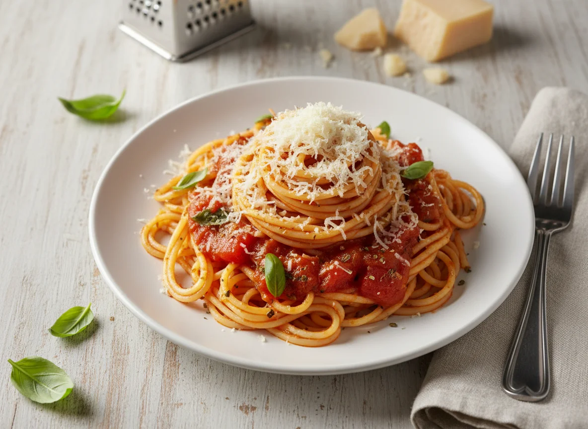 Spaghetti mit Tomatensauce und Parmesan photo