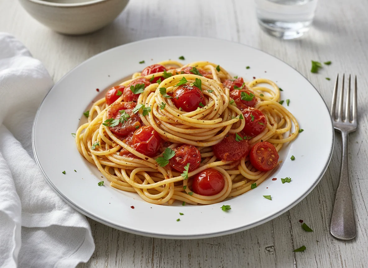 Spaghetti mit Tomatensauce und Petersilie photo