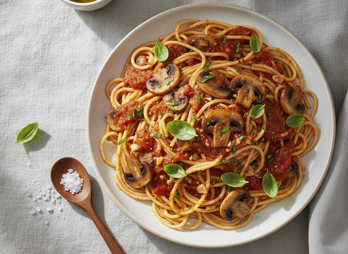 Spaghetti mit Tomatensauce und Pilzen photo