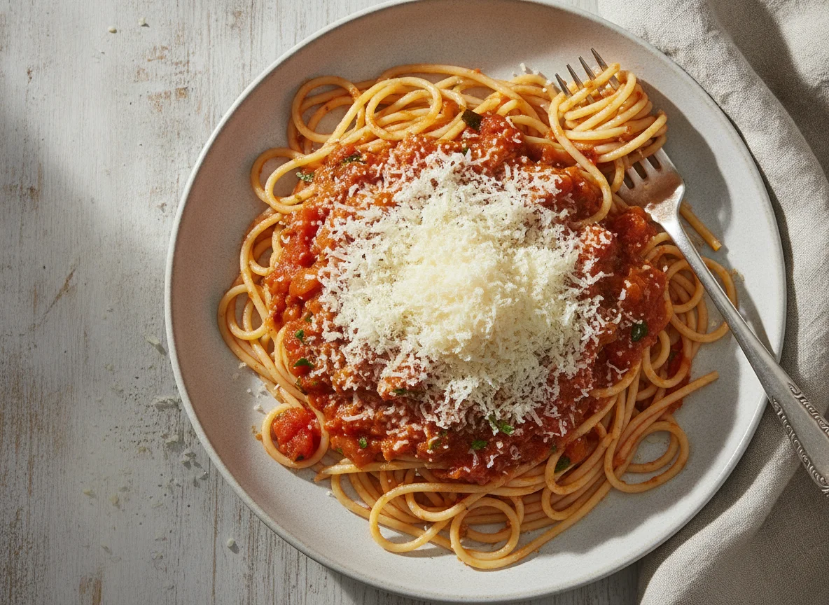 Spaghetti mit Tomatensauce und Reibkäse photo