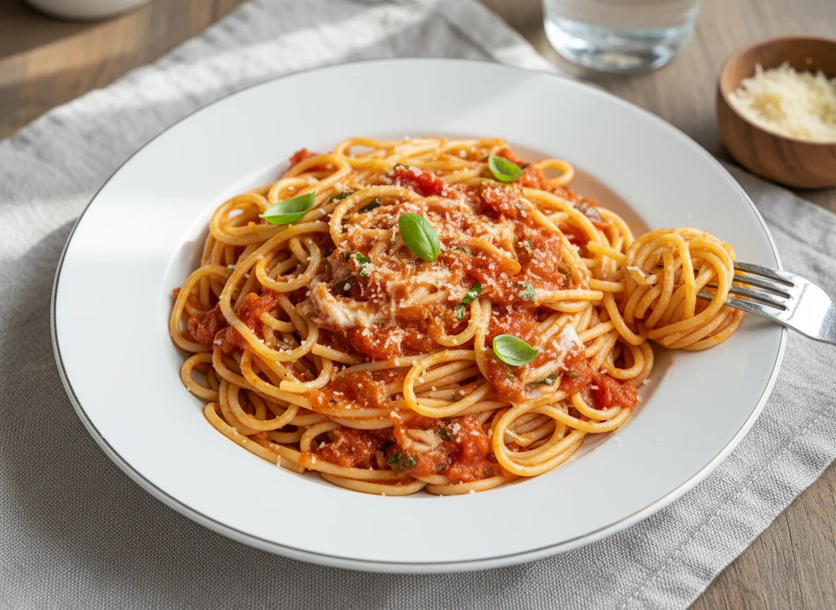 Spaghetti mit Tomatensauce und Sahne photo