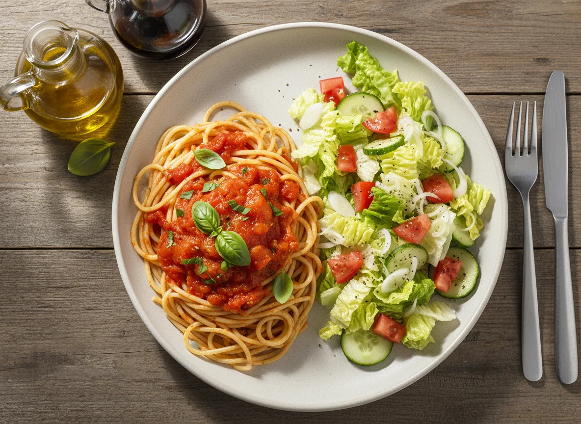 Spaghetti mit Tomatensauce und Salat photo