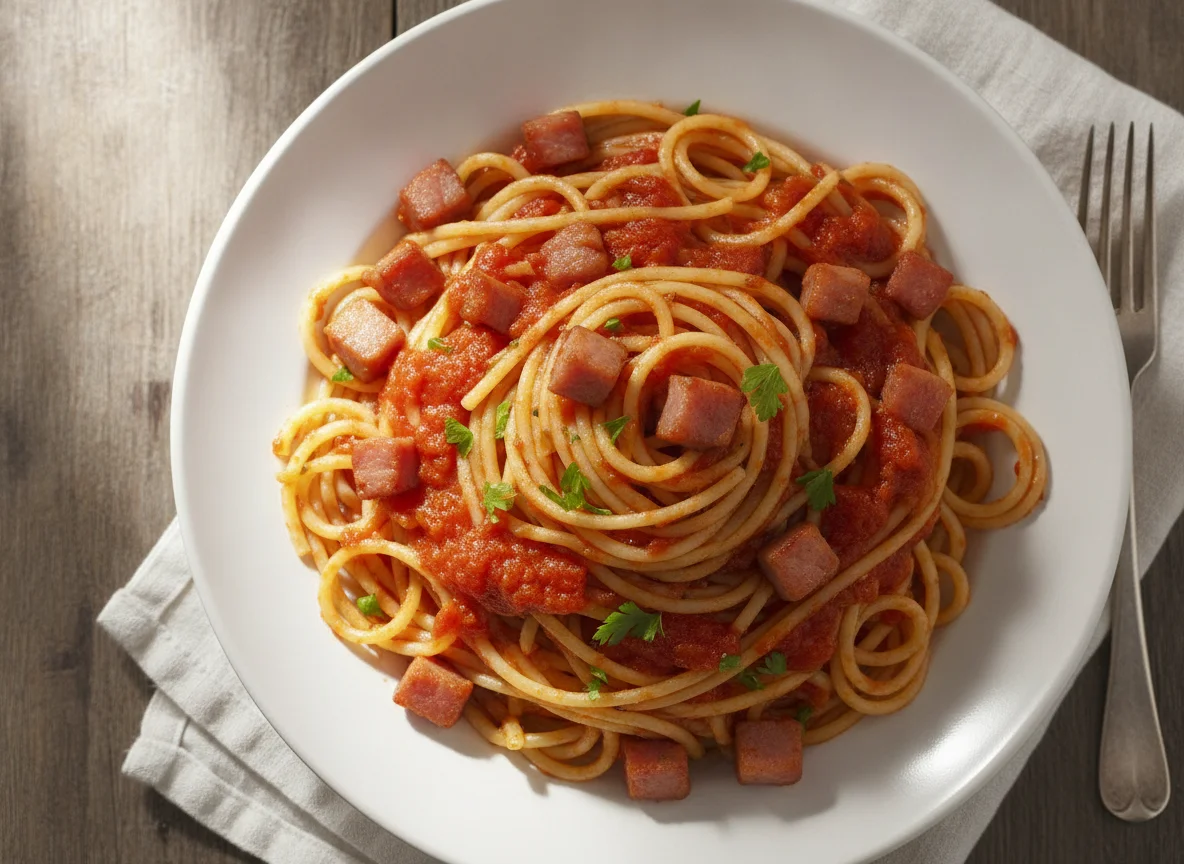 Spaghetti mit Tomatensauce und Schinken photo