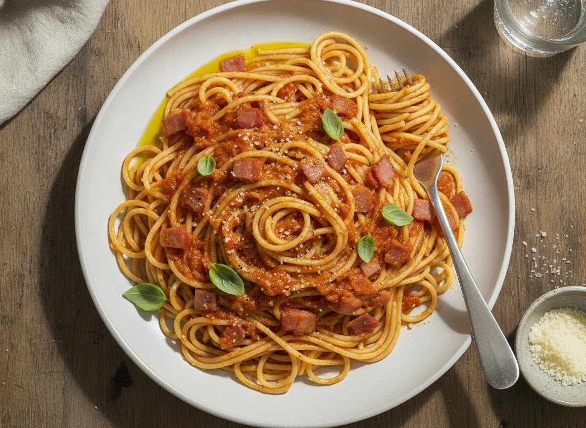 Spaghetti mit Tomatensauce und Speck photo
