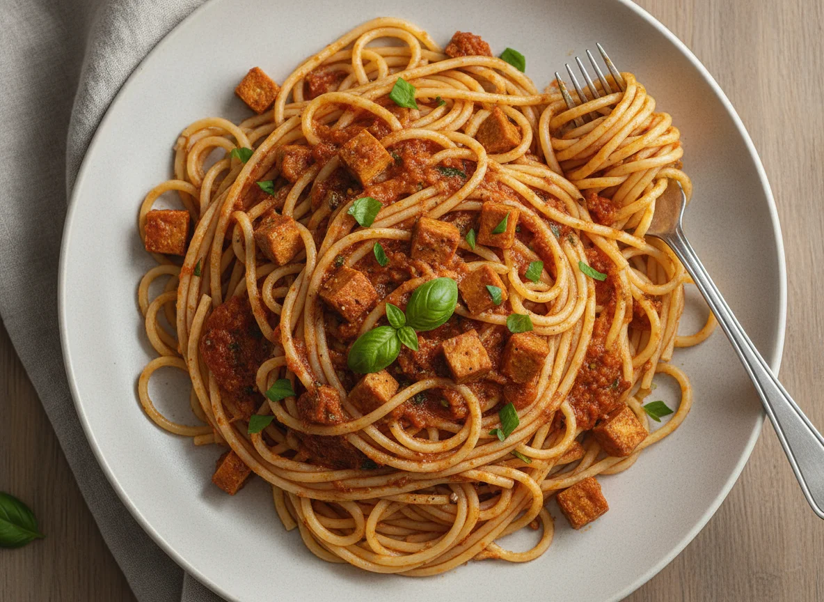 Spaghetti mit Tomatensauce und Tofu photo