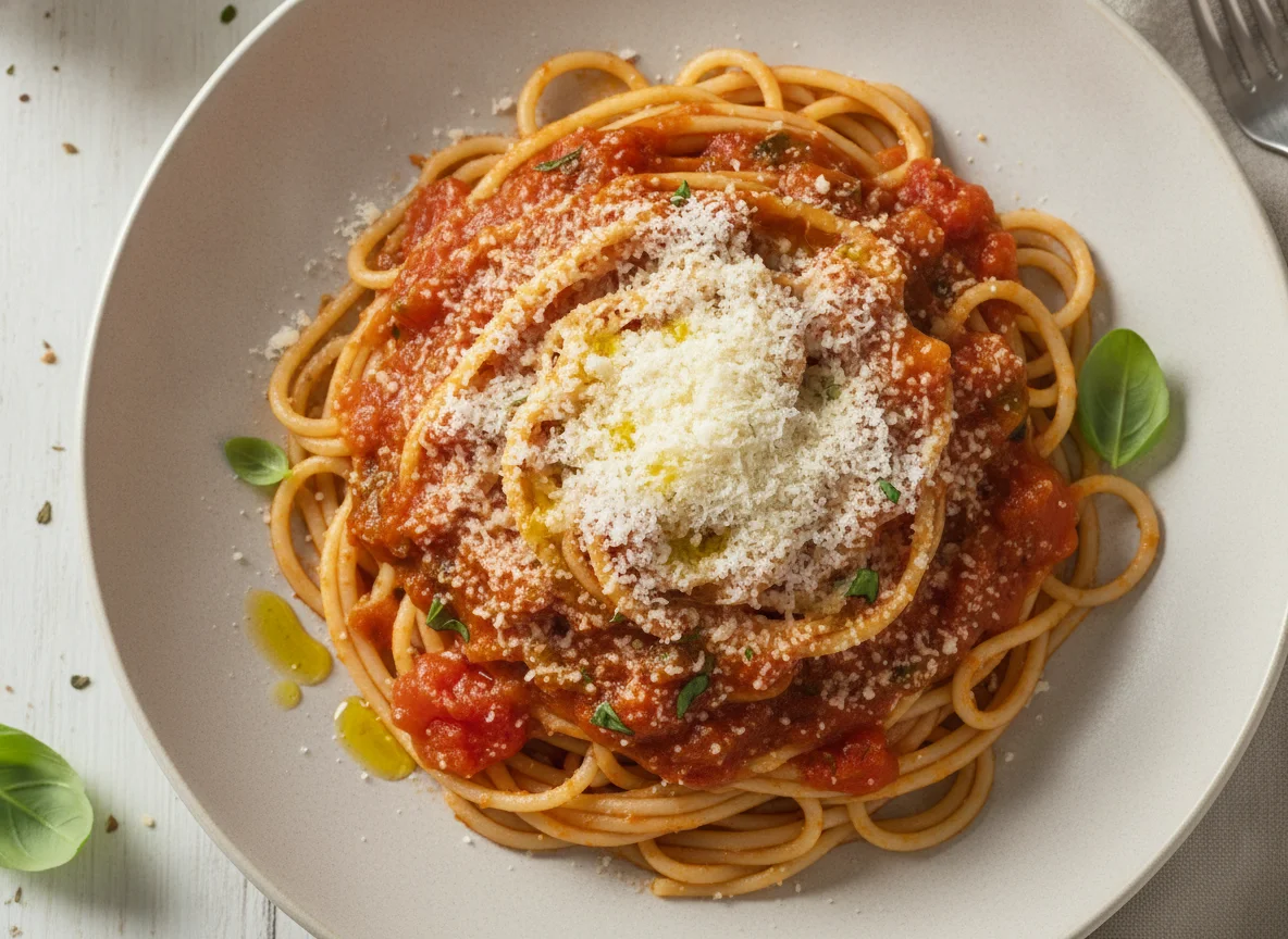 Spaghetti mit Tomatensauce und viel Käse photo