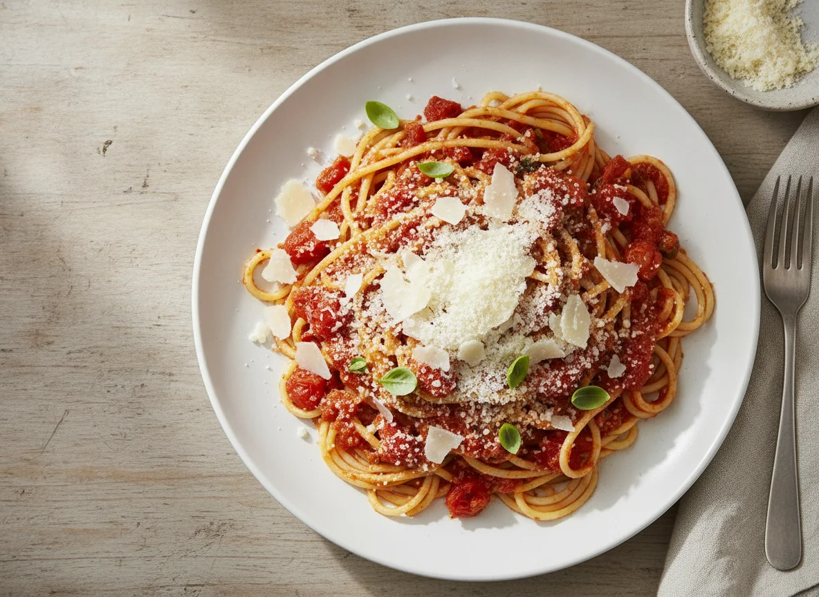 Spaghetti mit Tomatensauce und viel Parmesan photo