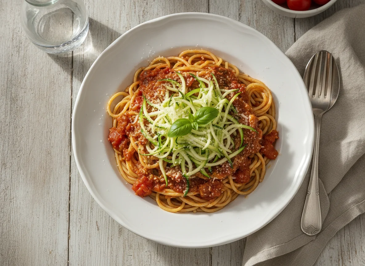 Spaghetti mit Tomatensauce und Zucchini photo