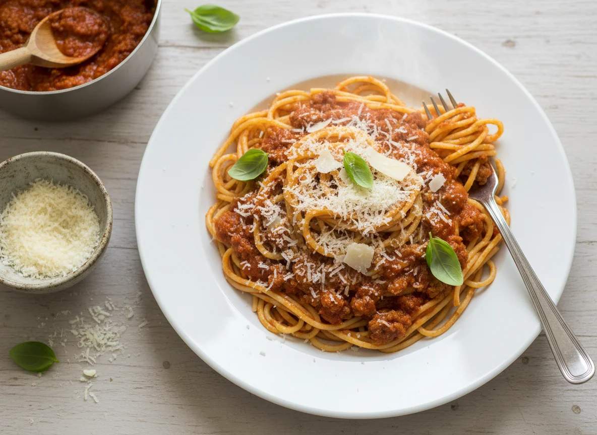 Spaghetti mit Tomatensoße und Parmesan photo