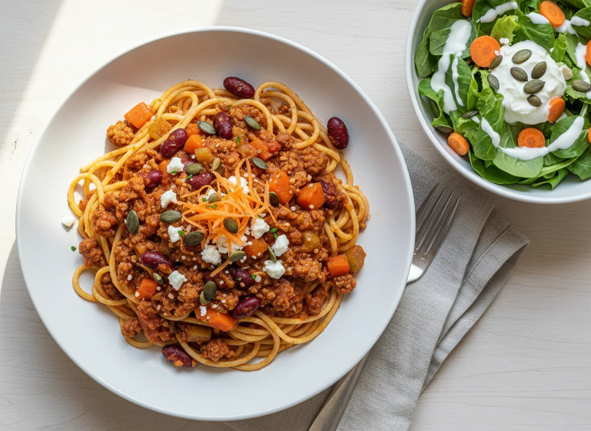 Spaghetti mit vegetarischer Bolognese und Salat photo