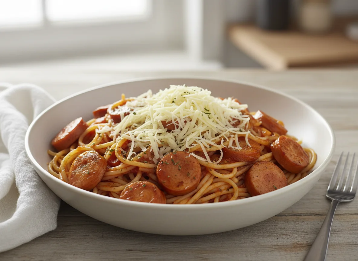 Spaghetti mit Wurst und Käse photo
