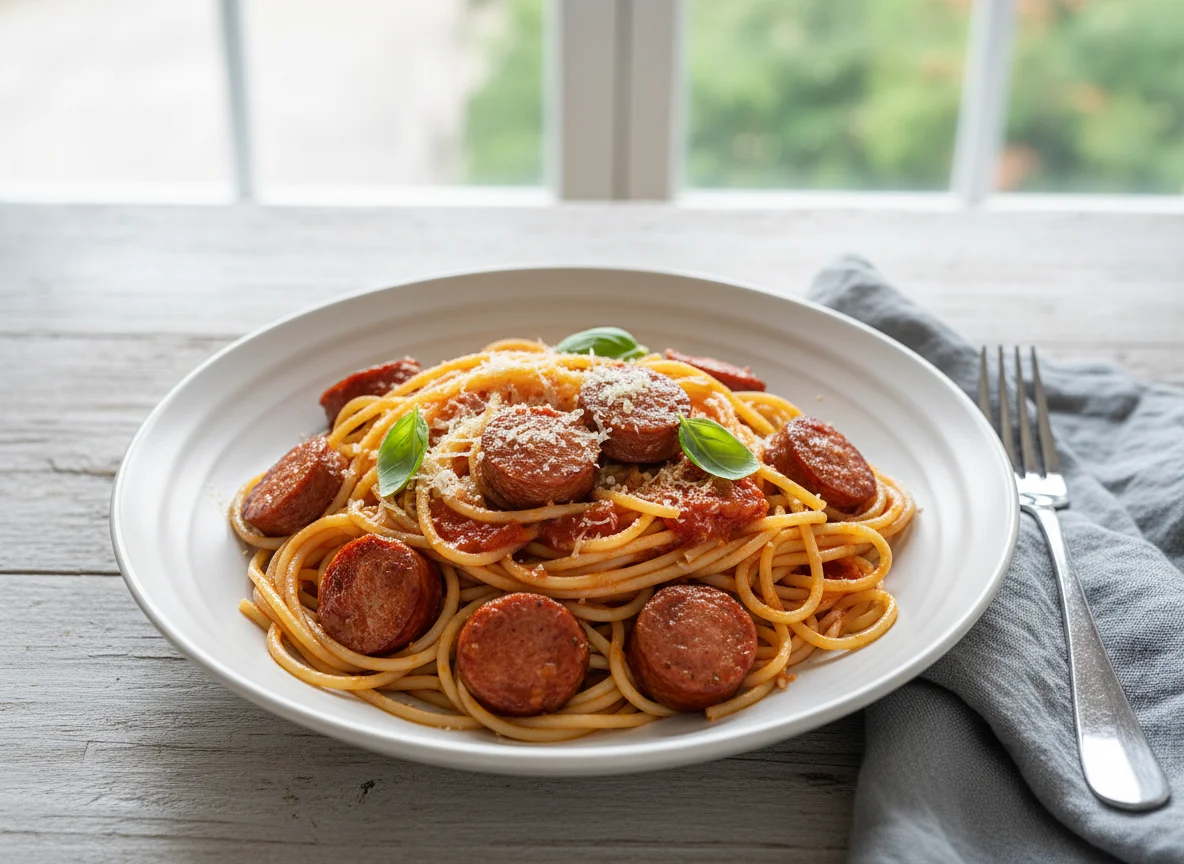 Spaghetti mit Wurst und Tomatensauce photo