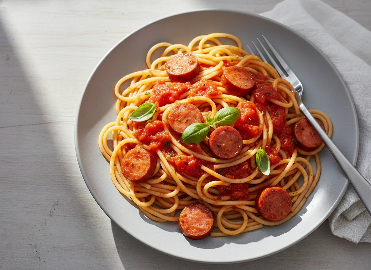 Spaghetti mit Würstchen in Tomatensauce photo